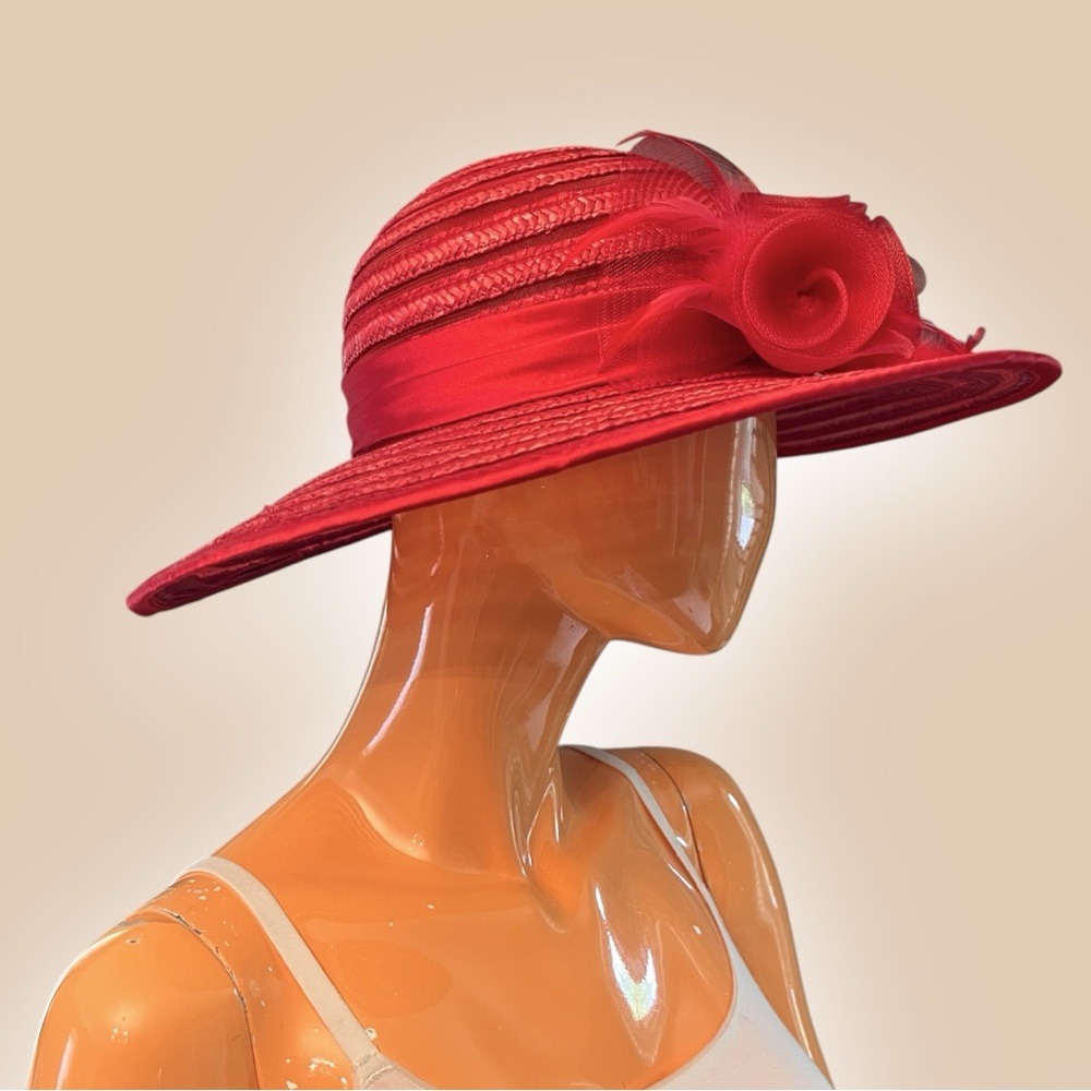 Elegant Red Wide-Brim Decorative Women's Hat